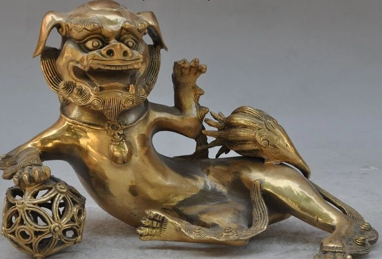 

745++8" chinese fengshui animal brass fu foo dog Guardian lion beast play ball statue