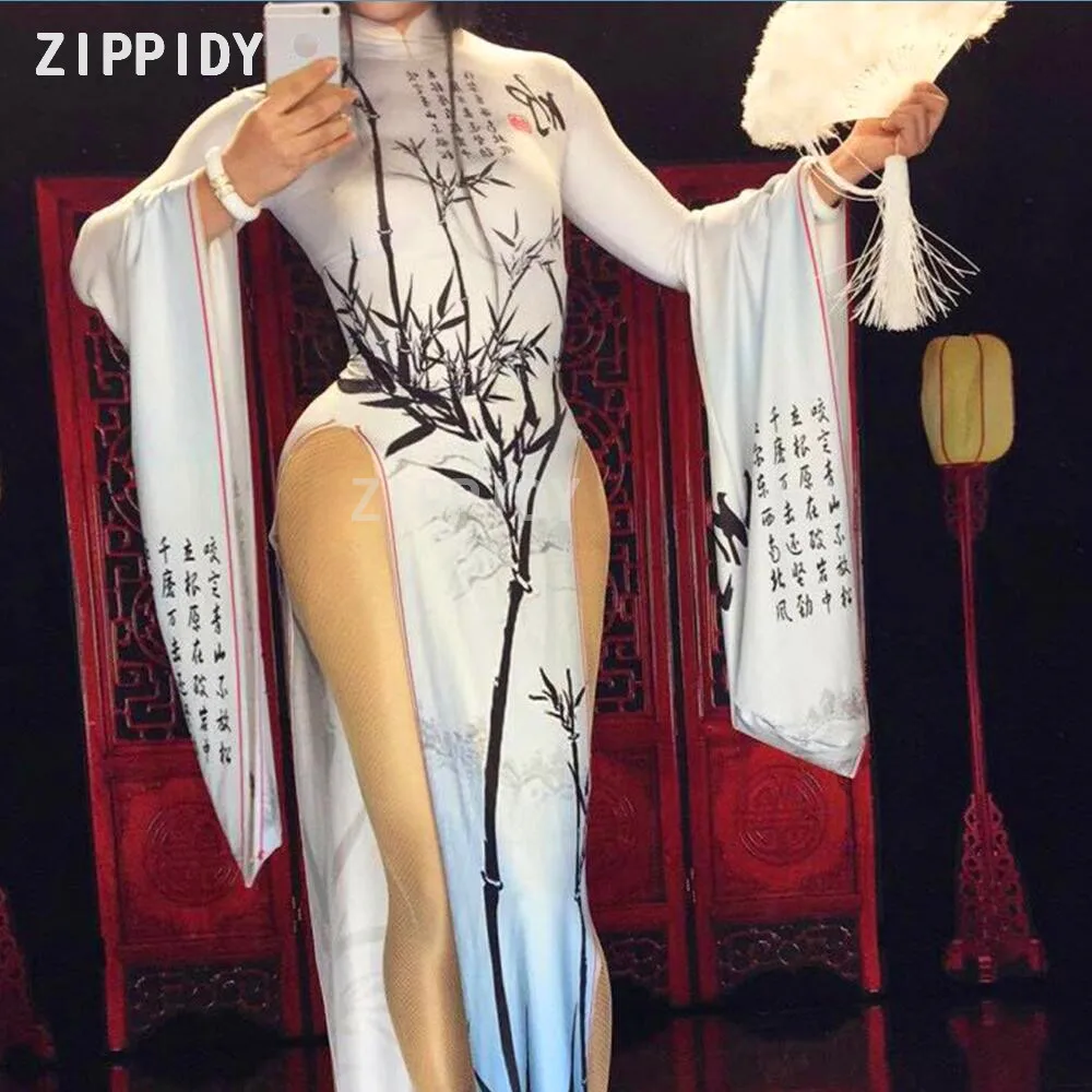 

Chinese Character Bamboo Printed Sexy Dress Nightclub Ds Female Singer Costume Prom Celebrate Outfit Women Dance Unique Clothes
