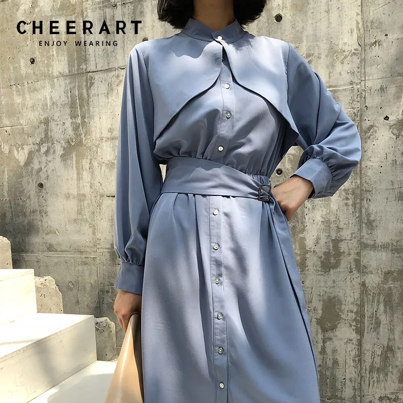 

Cheerart Long Midi Dress Women Blue Button Up Dress Lace Up Tunic Long Sleeve Autumn Ladies Dresses 2018 Korean Fashion