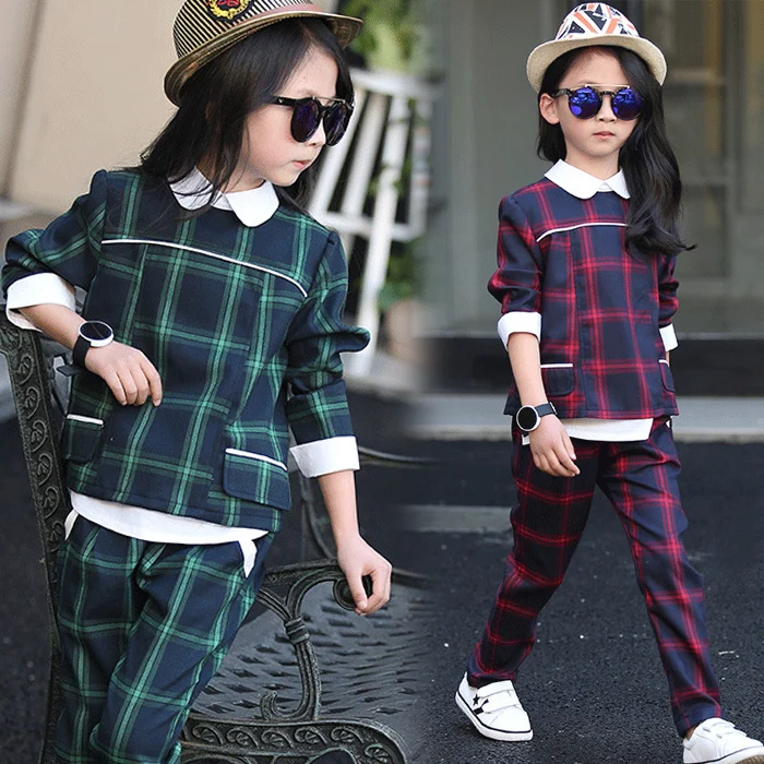 

New Spring Children Girl Plaid Clothing Kids Shirts Trousers 2 pcs Set Suits