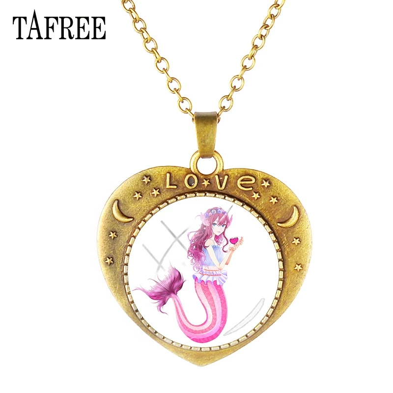 

TAFREE Mermaid Elves Antique Bronze Plated Vintage Heart Shaped Pendants Necklaces Statement For Women Girls Friendship Jewelry