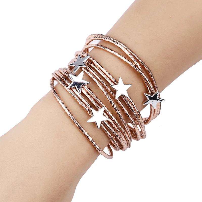 Amorcome Bohemian Star Leather Bracelets for Women Fashion Pentagram Multilayer Wide Wrap Bracelets & Bangles Jewelry Femme - Image 2