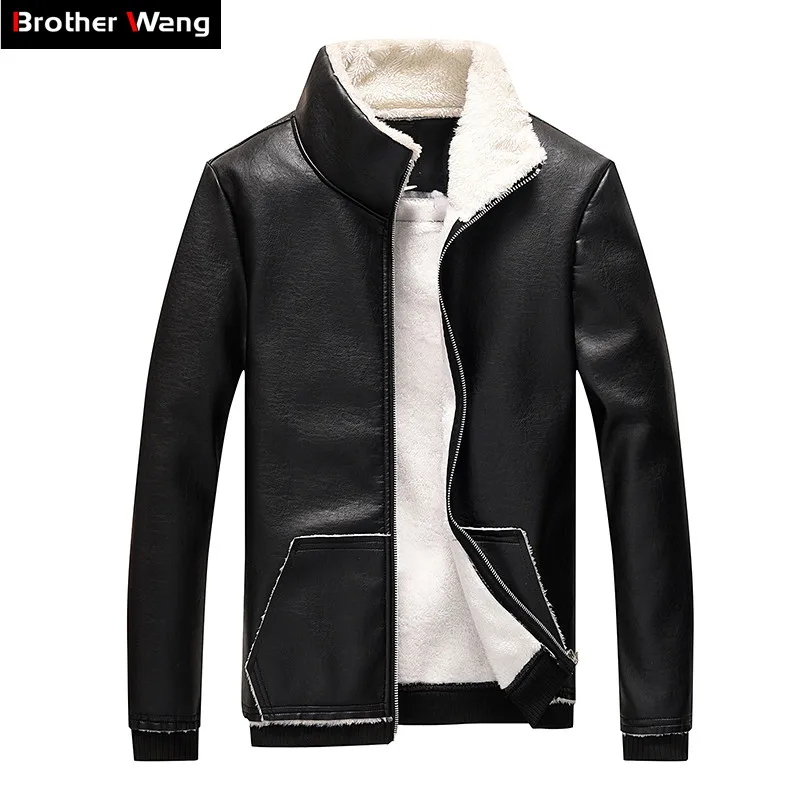 

2019 Winter New Men Warm Leather Jacket Fashion Casual Standing Collar Slim PU Leather Thicken Velvet Coat Male Brand Clothes
