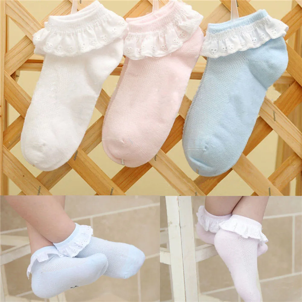 New Lovely Kids Toddlers Girls Solid Colors Cotton Pierced Lace Durable Baby Socks 2 4 years old