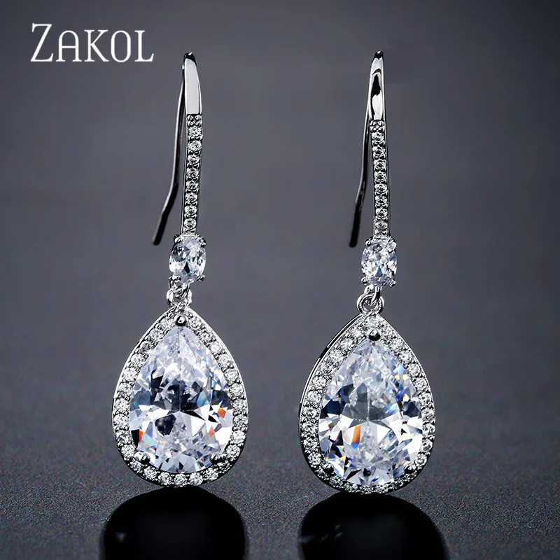 

ZAKOL Elegant Water Drop Shaped Cubic Zirconia Crystal Bridal Long Earrings Luxury Wedding Jewelry For Brides FSEP2207