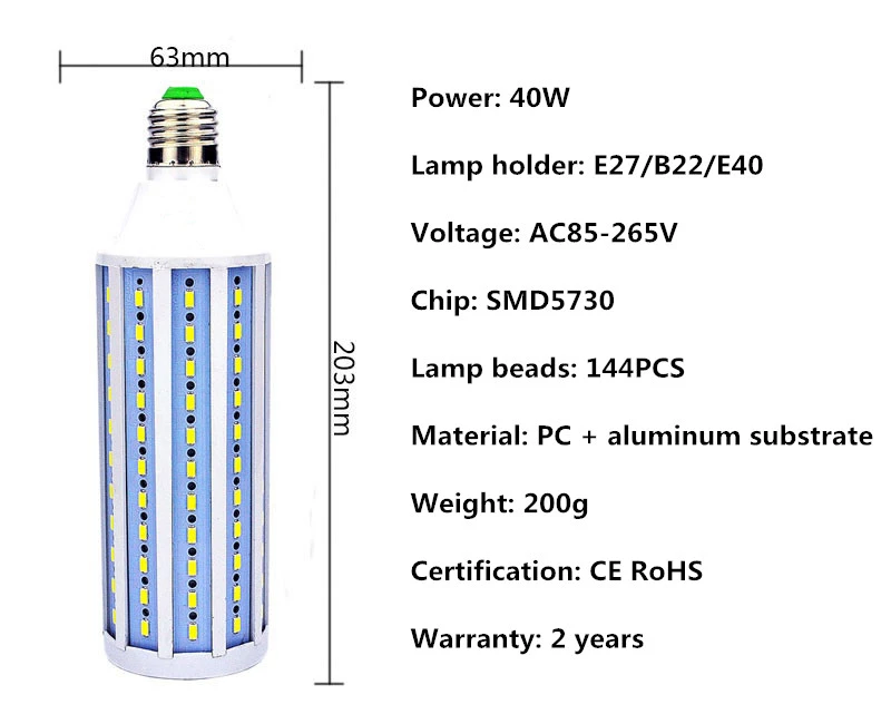 Светодиодный кукурузный светильник E27 SMD5730 10 W-150 W AC85-265V Светодиодная лампа-кукуруза E14/E40/B22 светодиодный светильник светодиодный Лампа Внутреннее освещение