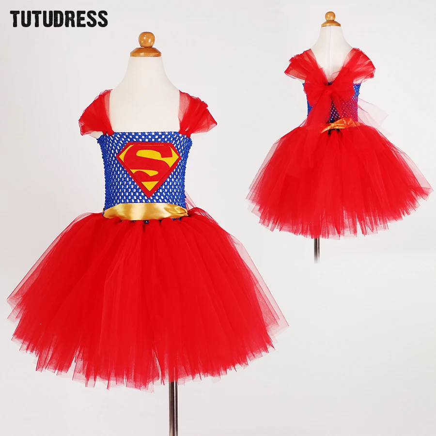 

Superman Batgirl Girls Tutu Dress Baby Cosplay Costumes Girl Kids Dress Knee Length Fluffy Birthday Halloween Party Girls Dress