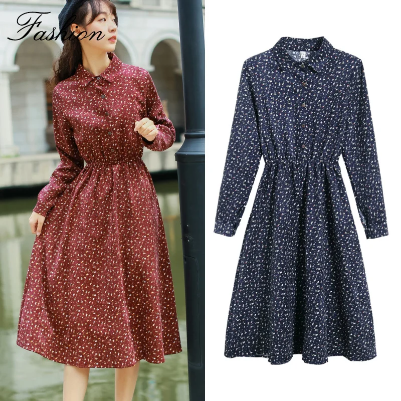

2019 Autumn Women Dress Floral Printed Corduroy Dress Elegant Vintage Sweet Midi Dresses garden party Dress vestidos 7171