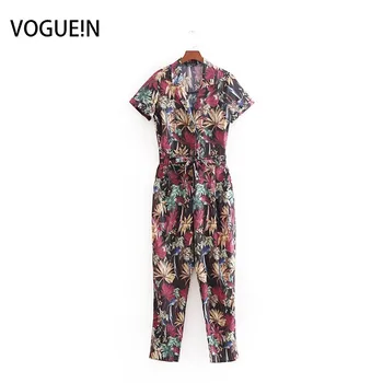 

VOGUEIN New Womens Tropical Leaves Print Short Sleeve Tie Belt Jumpsuit Playsuit Wholesale