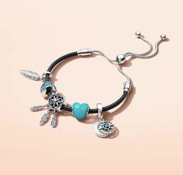 

Authentic 925 Sterling Silver Original Spiritual Dream Catcher Feather Europe Bracelet Set Fit Women Bangle Charm DIY Jewelry