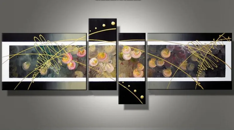 

Hand Painted Abstract Lines Flower Oil Paintings Modern Floral Wall Painting on Canvas 4 Panel Pictures Home Decor Large Arts