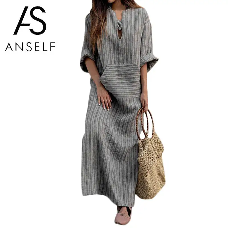 

Anself Sexy Women Striped Dress V Neck Long Sleeve Vintage Casual Loose Long Dress 5XL Plus Size Maxi Autumn Dress Black/Grey
