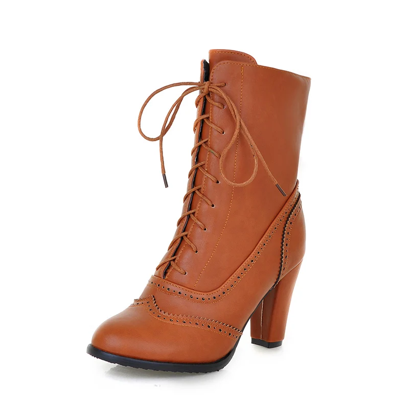 Большой размер 43; теплая Женская обувь с перфорацией типа «броги»; Модные женские ботильоны на высоком каблуке со шнурками; осенне-зимняя женская обувь; ботинки - Цвет: huang