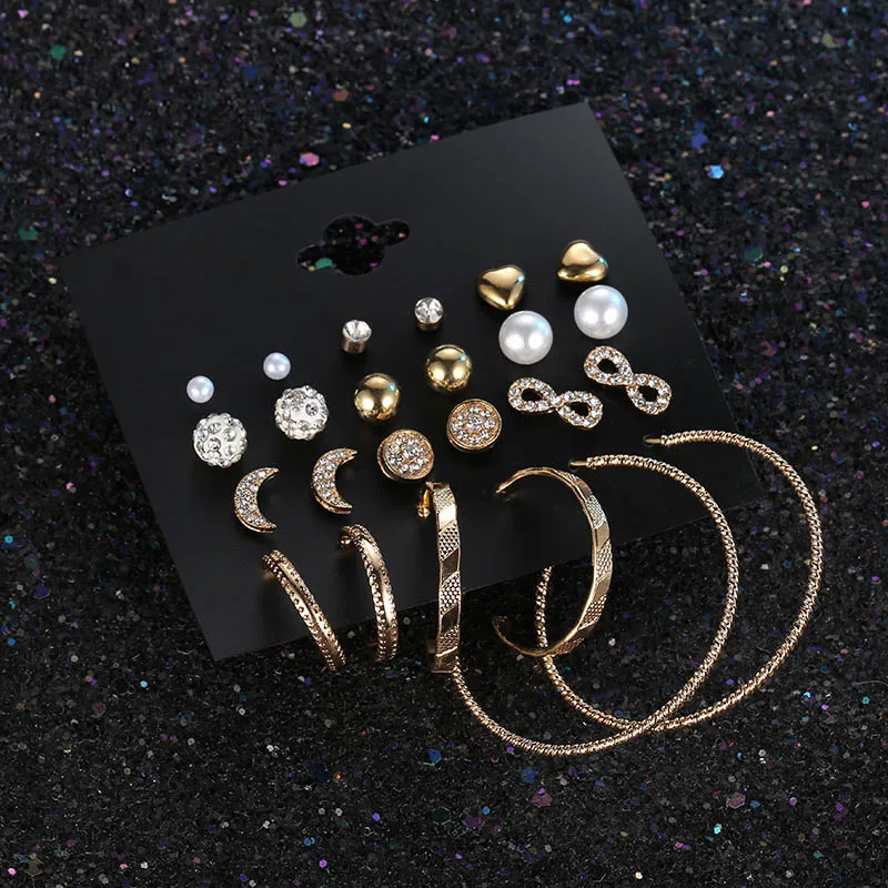 

12 Pairs/set 2018 Trendy Female Rhinestone Crystal Stud Earrings For Women Gold Circle Earring Set Mix Punk Style Girls Jewelry