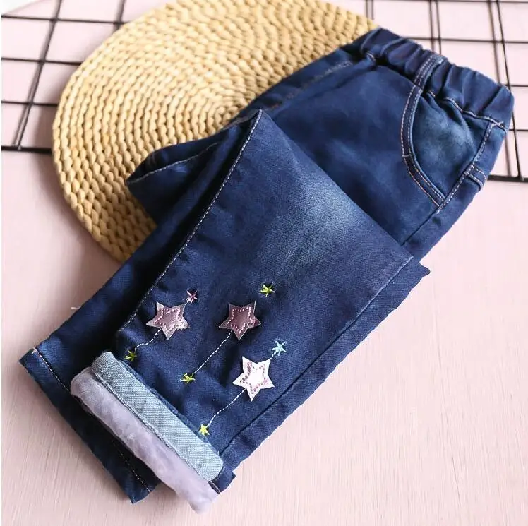 

Y Winter Baby Girl Jeans Fleece Worm Appliques Stars Fashion Girl Pants Denim Girls Clothes Kids trousers children clothes