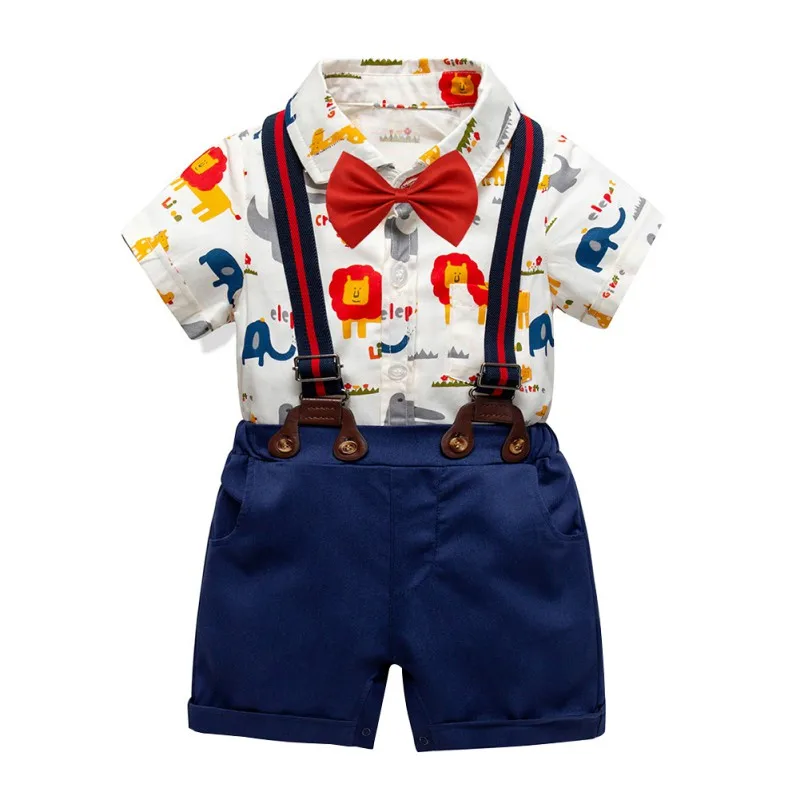 Baby Summer Clothes Cartoon Cotton Print Romper Baby Boy Solid Strap Shorts Short Sleeve Casual Gentle Outfits Clothes Set 2 Pcs