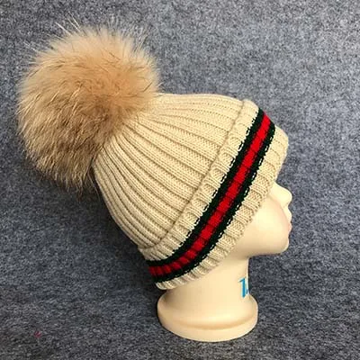 Зимняя Шапка-бини для родителей и детей, вязаная шапка с помпоном в русском стиле, опт, помпон из меха енота - Цвет: baby khaki