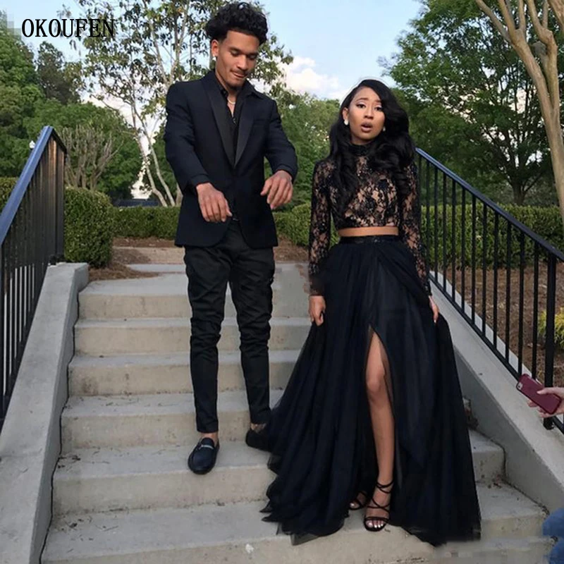 Two Piece Black Prom Dresses with Lace Long Sleeve A-Line Tulle Side Split Evening Party Gowns galajurken=