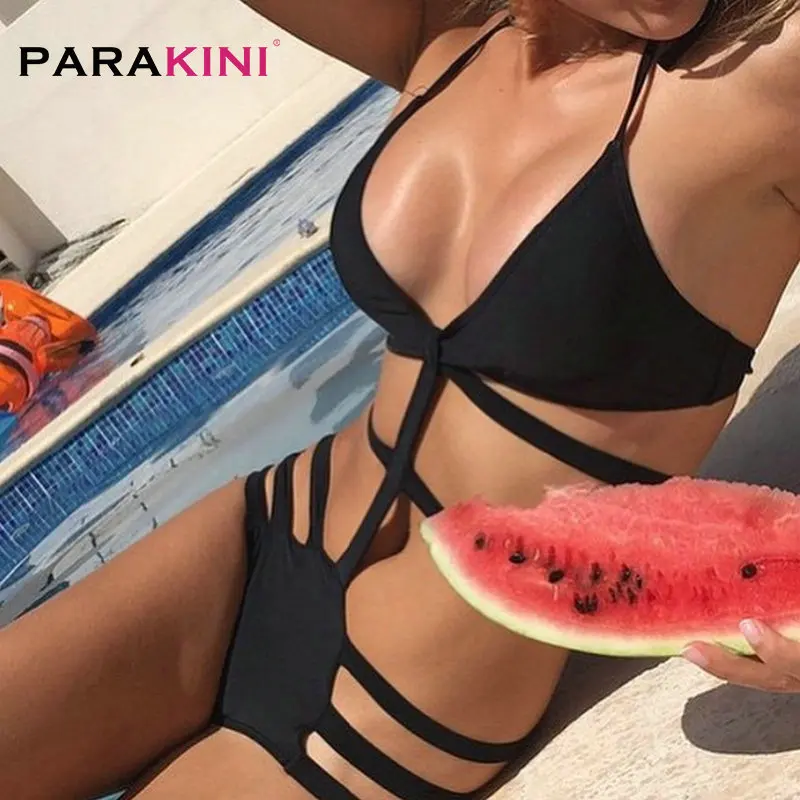 

PARAKINI Women Bandage hollow out One Piece Swimsuit 2019 Solid Swimwear Strap Halter Swimsuits Brazilian Bathing Suit Beachwear