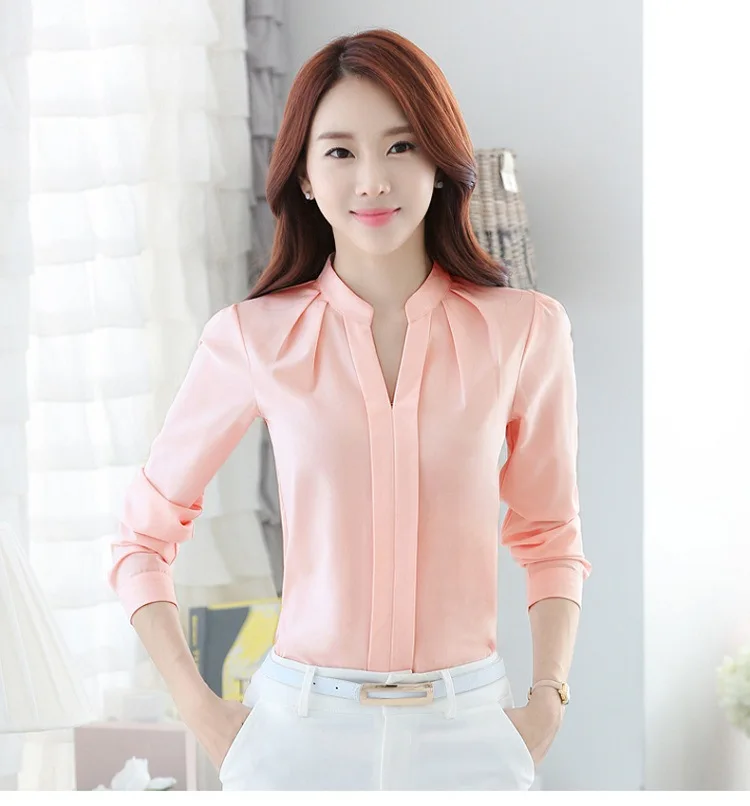 Женская Повседневная шифоновая блузка с длинным рукавом, Женская Сексуальная рубашка с v-образным вырезом, женские офисные тонкие Топы