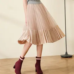 Новый шифон и бархата в стиле пэчворк женские элегантные плиссированные юбки до середины икры юбки