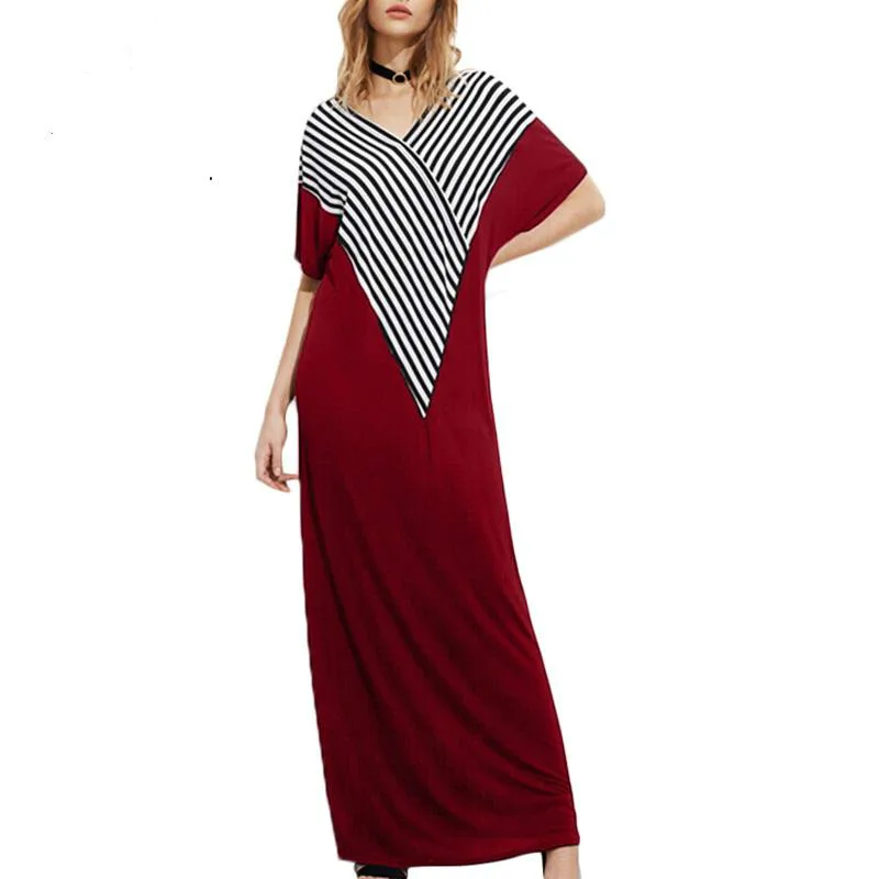 

Summer Women Long Dress Plus Size Korean Fashion Loose Striped Maxi Dress V Neck Short Sleeve Side Pockets Casual female
