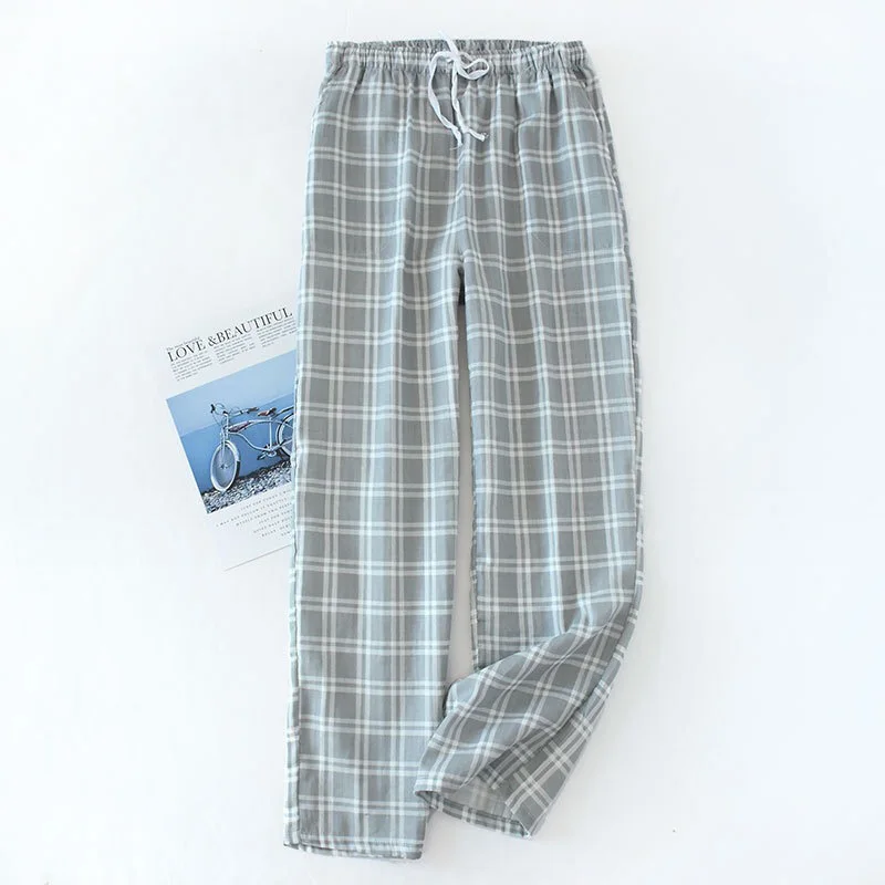 Весенние и летние новые пижамные штаны мужские газовые хлопковые простые Стильные клетчатые брюки эластичный пояс полная длина для сна, низ - Цвет: Grey
