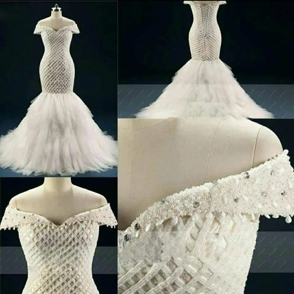 

Off the Shoulder Mermaid Wedding Dresses 2019 Unique Lace Beading Bridal Wedding Gowns Ruffles Sweep Train vestido de noiva