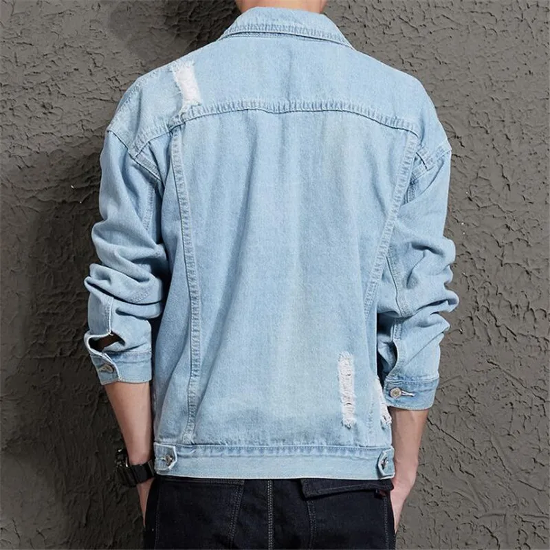 price reduction  New Spring Autumn Mens Denim Jacket Mens Trendy Fashion Bomber Thin Ripped Hole Denim Jacket Male C