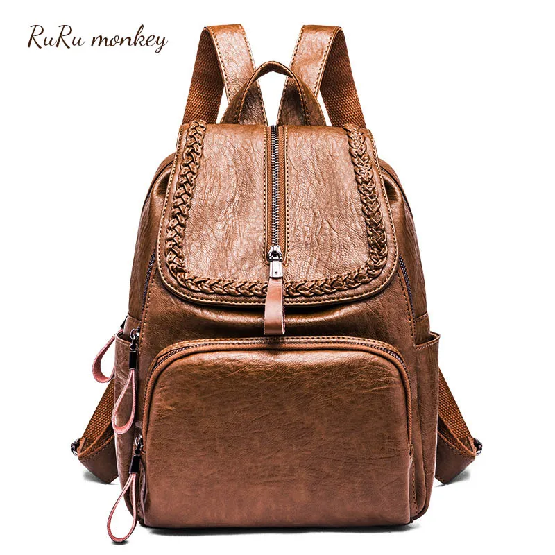 

RURU monkey Women Backpack Pu Leather Simple Rucksack Female Mini Backpacks Teenager School Pad Makeup Bags Mochila Feminina