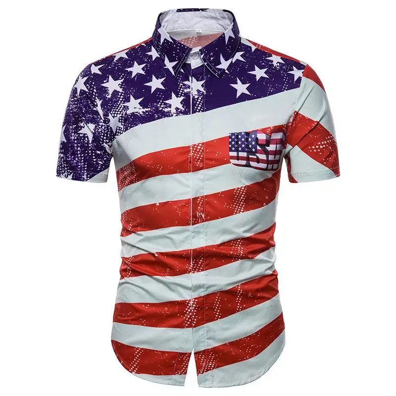

Casual Men Shirts Striped flag pattern Short Sleeve Slim Blouse Men's Clothes Hawaiian Shirt Male Summer New
