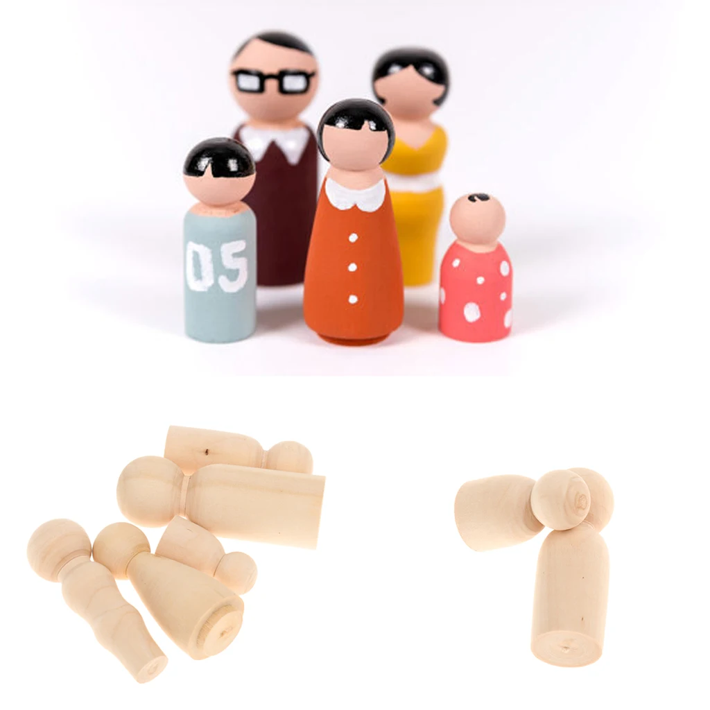 MagiDeal Family of 5pcs Wooden Dolls Accessory Set Wooden People Figures DIY Craft handmade peg dolls child's toy 