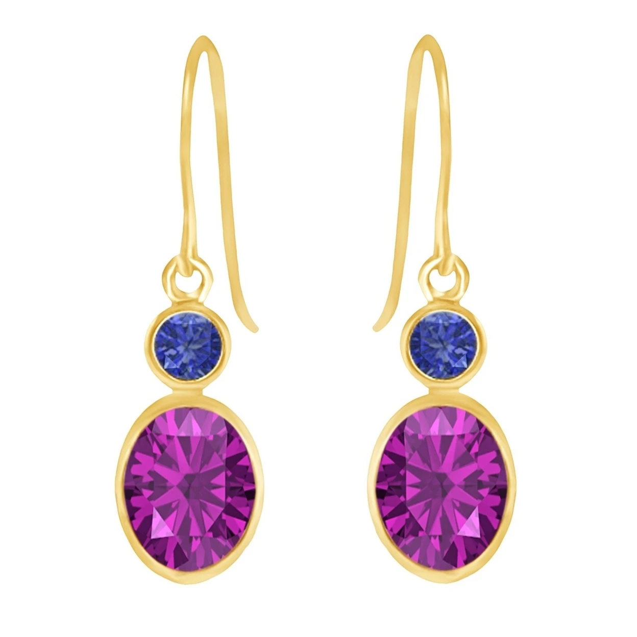 14K Yellow Gold 2.14 Ct Oval Pink Topaz Blue Tanzanite Dangle Earrings #With Free Stud