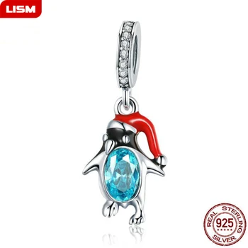 

Real 925 Sterling Silver Cute Animal Red Hat Penguin Cubic Zirconia Pendant fit Charm Bracelet & Bangle Necklace Jewelry Making