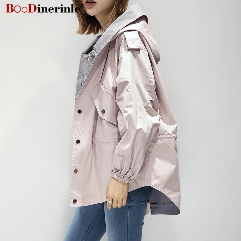 

2019 Spring Autumn Women's Coats Large Size Loose Bat-sleeve Hooded Thin Windbreaker Female Fashion Stitching Streetwear JK044