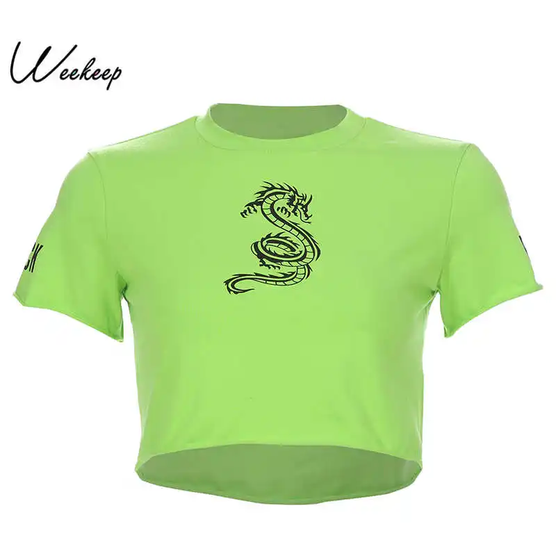 

Weekeep Cropped Dragon Printed tshirt Women O-neck Short Sleeve Streetwear t shirt 2019 Summer Sexy Tee Shirt Femme Tops