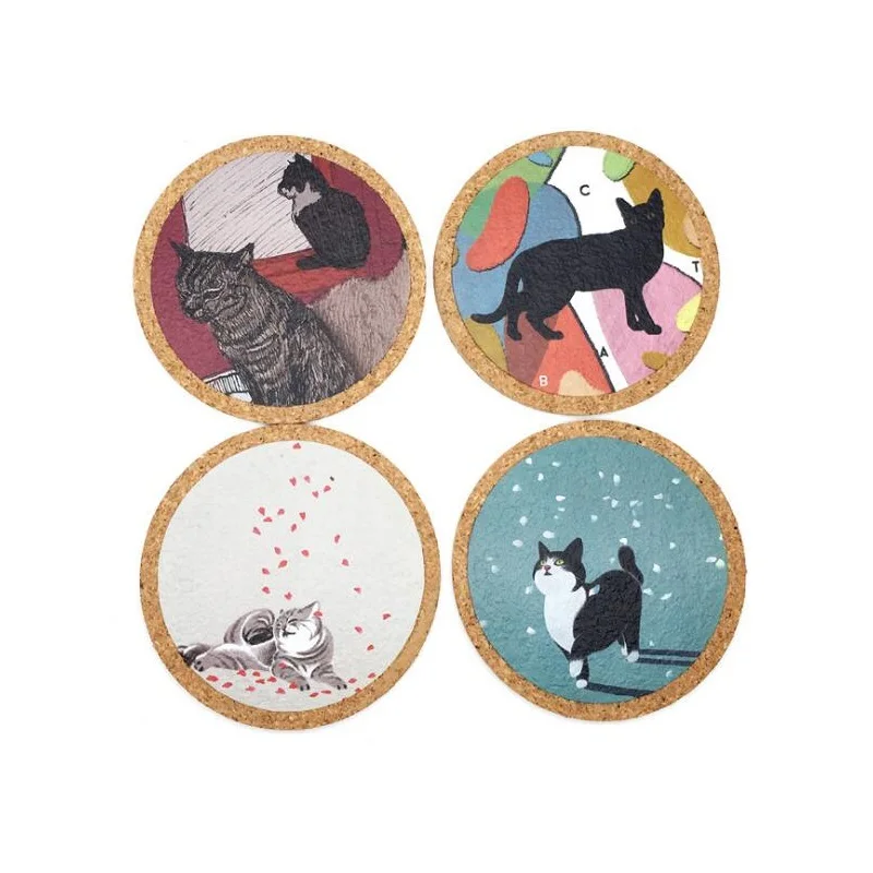 

200pcs Cartoon Cat Coasters Cork Placemat Cushion Mug Tableware Cup Tea Cup Pad Mat Creative Kitten Printing Table Mats ZA6498