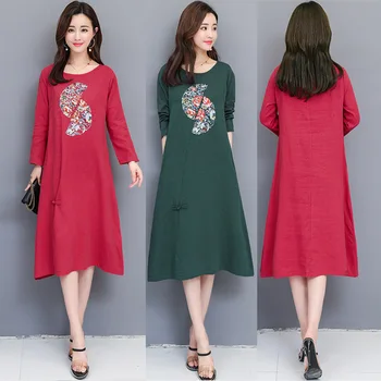 

Free shipping 2019 new Literary embroidered dress cotton and linen jacquard long-sleeved dress women loose mid-long Dress