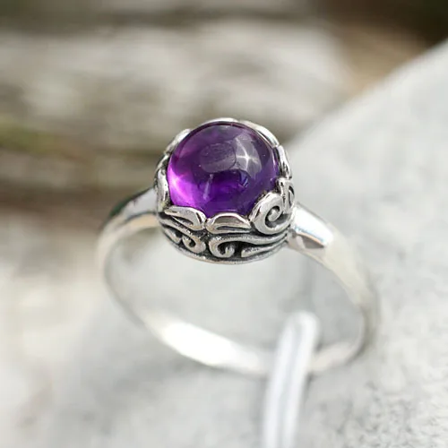 India Bali Retro Jewelry Handmade 925 Sterling Silver Carved Ring India Bali Retro Jewelry Handmade 925 Sterling Silver Carved Ring Setting Natural Amethyst Crystal Gifts Women