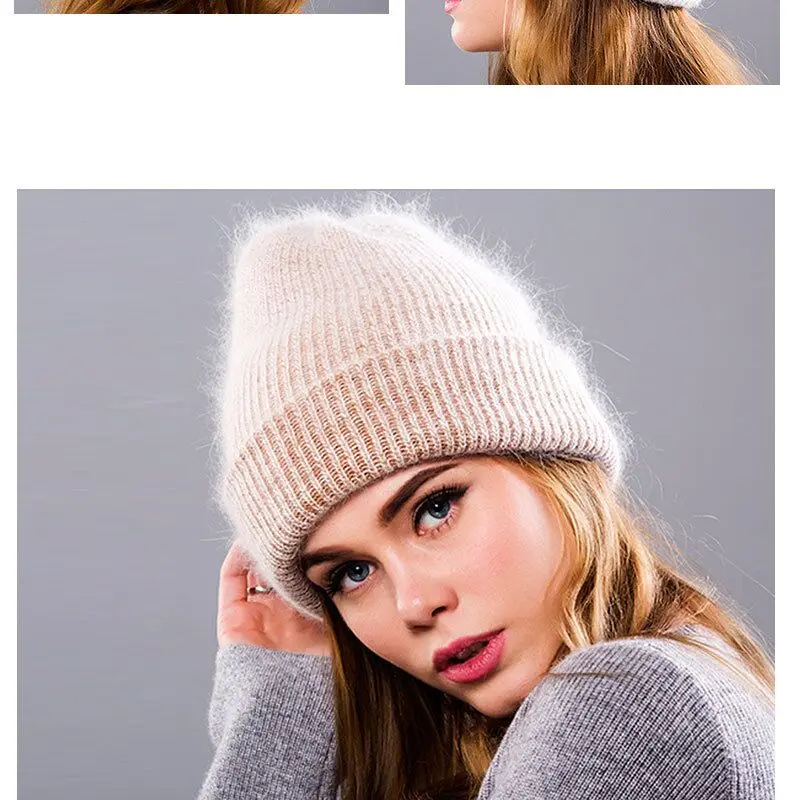 Осенне-зимняя вязаная шапка из кроличьей шерсти, модные теплые шапки-бини, повседневная женская однотонная вязаная шапка для взрослых