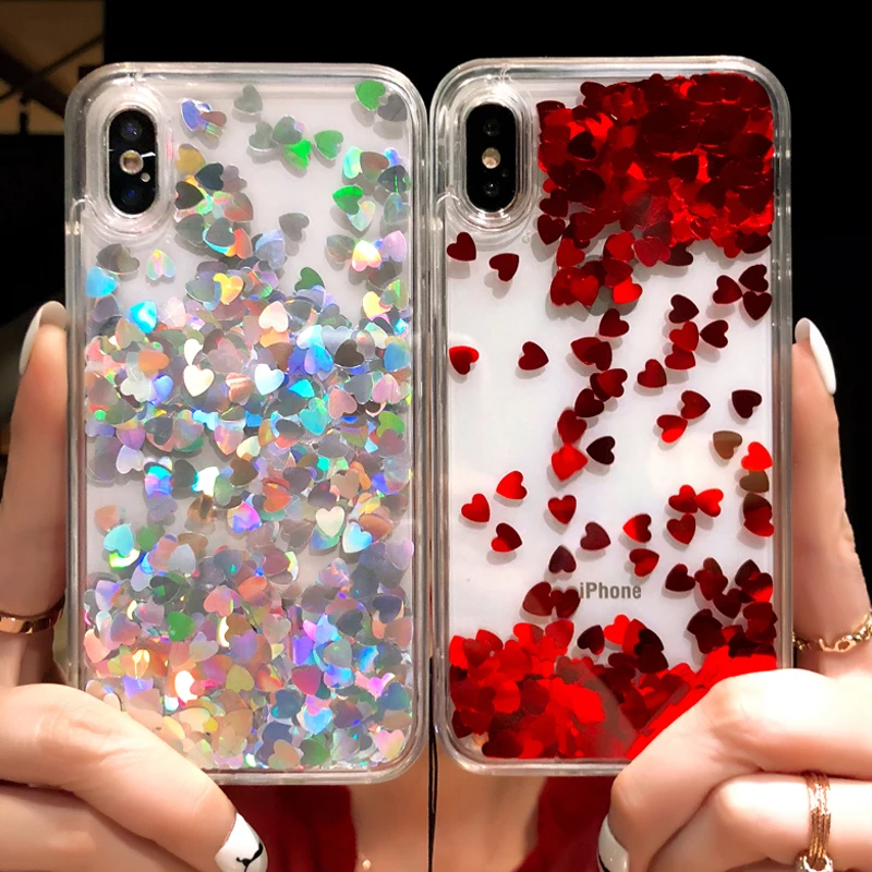 

Liquid Glitter Quicksand Love Heart Foil For iPhone 6 6S 7 8 Plus X XS MAX XR 5S SE Back Cover Transparent Soft TPU Case