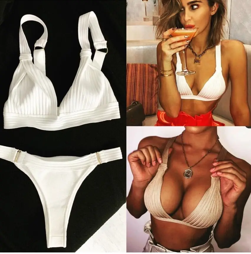 

Deep V fashion women sexy bodysuit women female swimsuit body bandage tight stretch 2 pieces sets suits white beige nude
