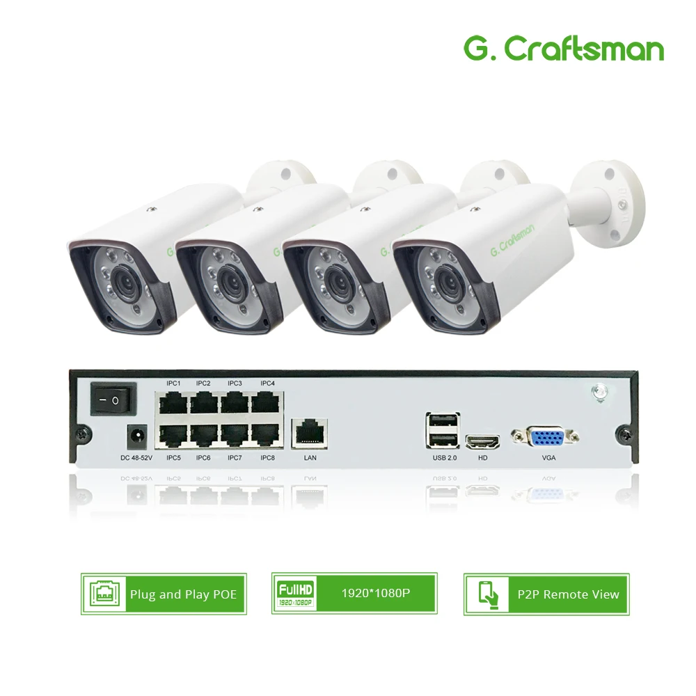 4 канала 1080P POE Комплект H.265 система видеонаблюдения 8ch NVR 2.0MP наружная