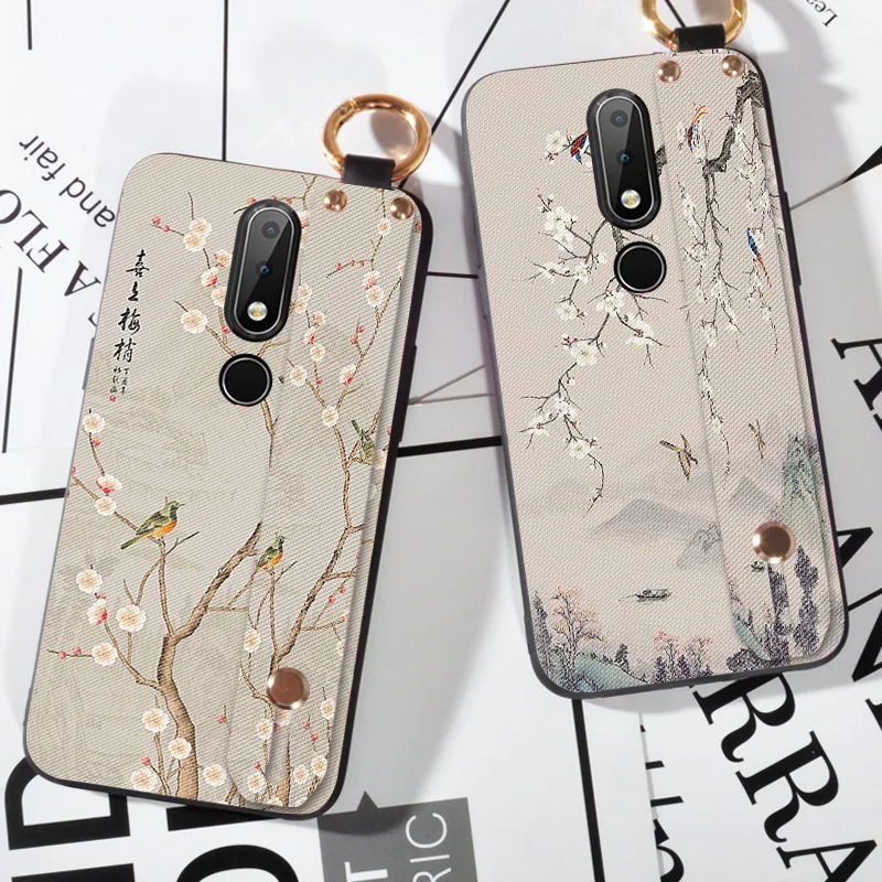 

3D Embossed Flowers Case For Nokia 5 X5 Hand Cover Wrist Strap Cases For Nokia 5.1 Plus Capa Stand Coque