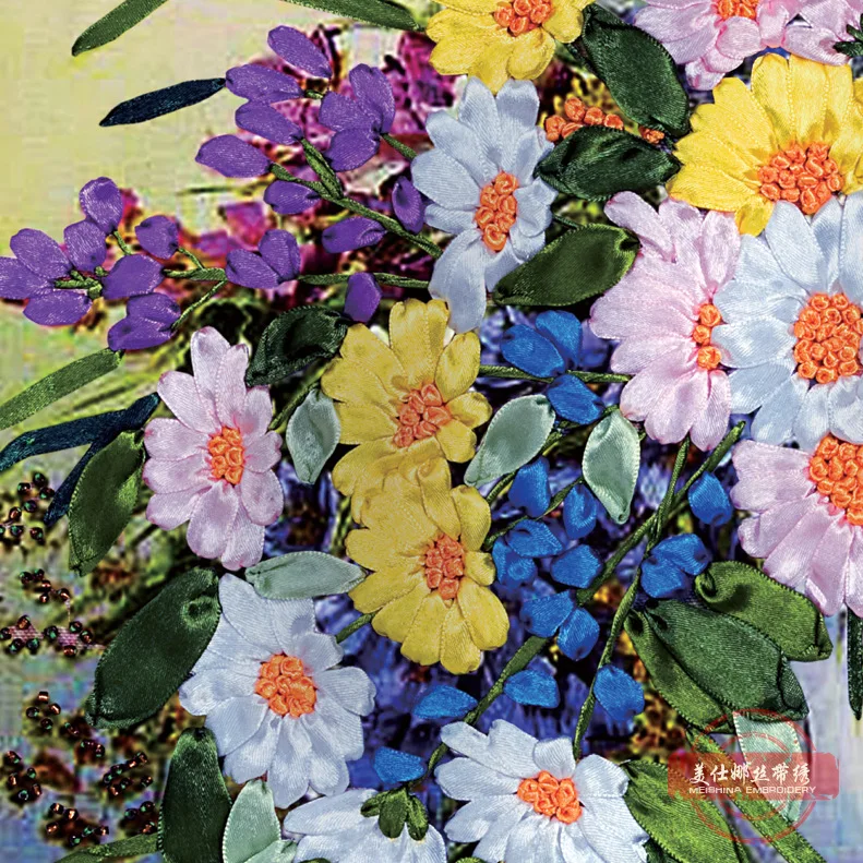 DIY ленты вышивка декоративная картина на холсте цветные HD принты рукоделие и Вышивка крестом Комплект настенное Искусство цветы ваза C-0035