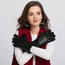 Высококачественные Для женщин зимние теплые перчатки из натуральной овечьей кожи меха ручной перчатки Дамы полная палец из натуральной кожи перчатки митенки Ганц