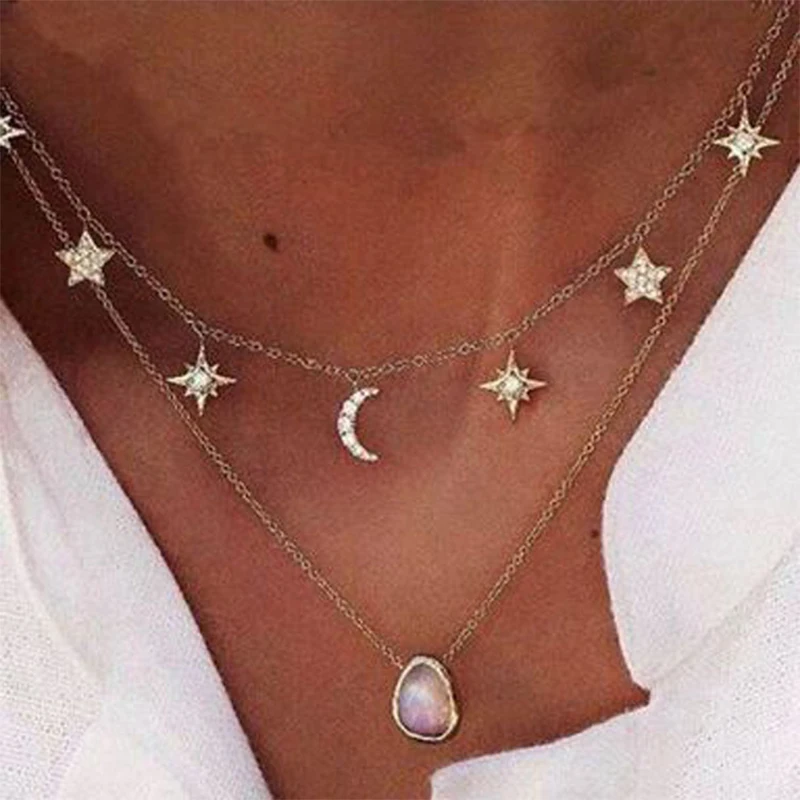 

Women Necklace Exquisite Star Moon Tassel Drop Crystal Pendant Multilayer Gold Necklace Set Lady Fashion Beach Party Jewelry