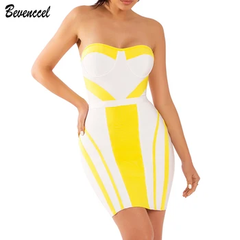 

2019 New Arrival Yellow White Patchwork Bandage Dresses Sleeveless Strapless Vestidos Celebrity Party Dress Elegant Mini Dress