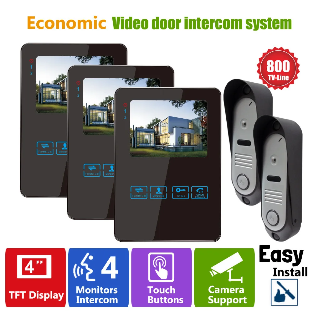 Homefong Door Access Control System Video Door Bell with Camera 4 Inch Intercom Monitor Door Phone 4 wires HD 1200TVL Melodies