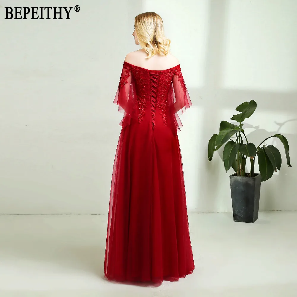 BEPEITHY дизайн vestido de festa с коротким рукавом и аппликацией из бисера тюль с v-образным вырезом винные Вечерние платья Длинные